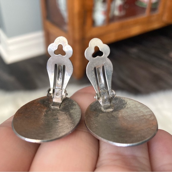 80s Vintage Cloisonné Earrings Floral Lily Blue Statement Classic Chic Art Deco - Picture 7 of 10